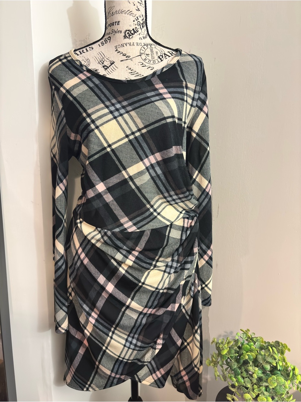 12 Pm By Mon Ami Plaid Long-Sleeve Dress in Black, Cream & Pink